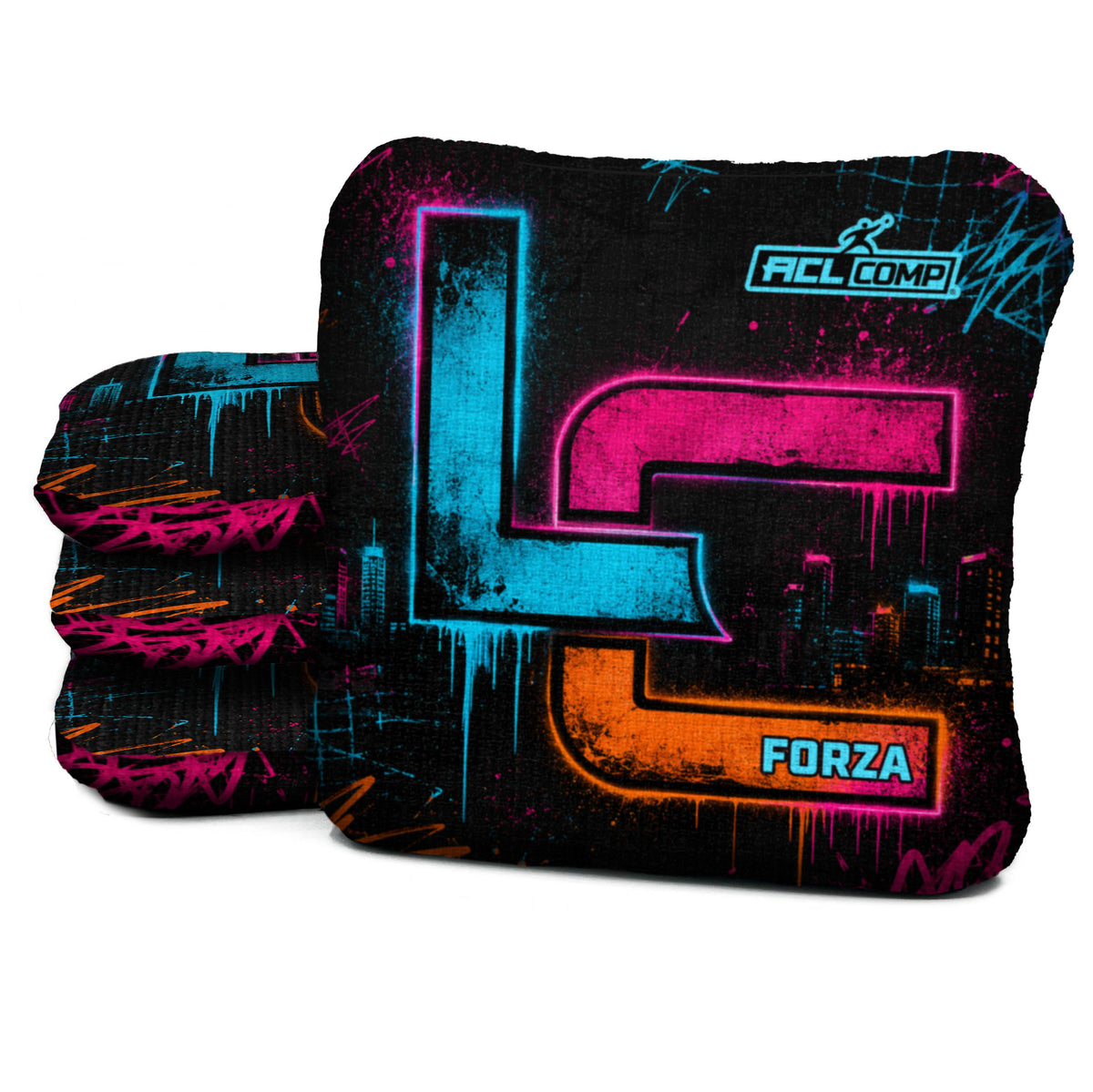 Neon After Dark Forza cornhole bags with cyan ACL COMP stamp and matching printed LC city slow side