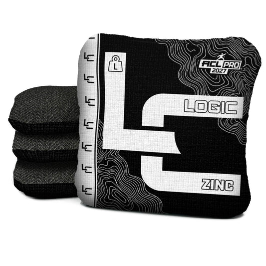 Contour BLACK WHITE zinc L ACL PRO cornhole bags with Black carpet