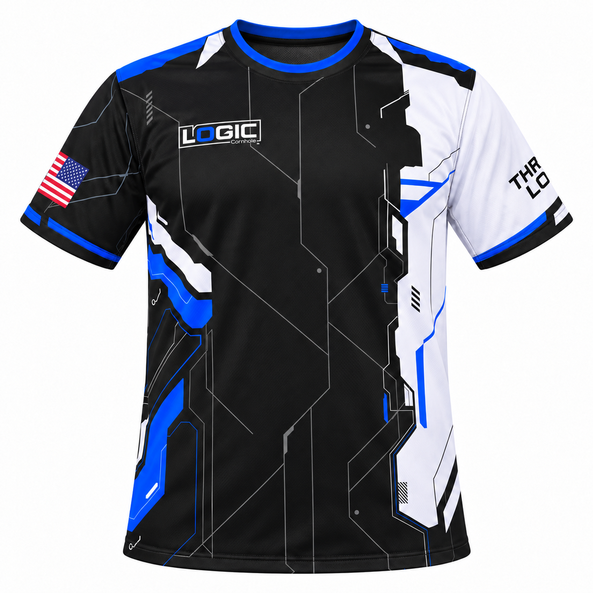 Logic Circuit blue and black short-sleeve jersey, front product mockup