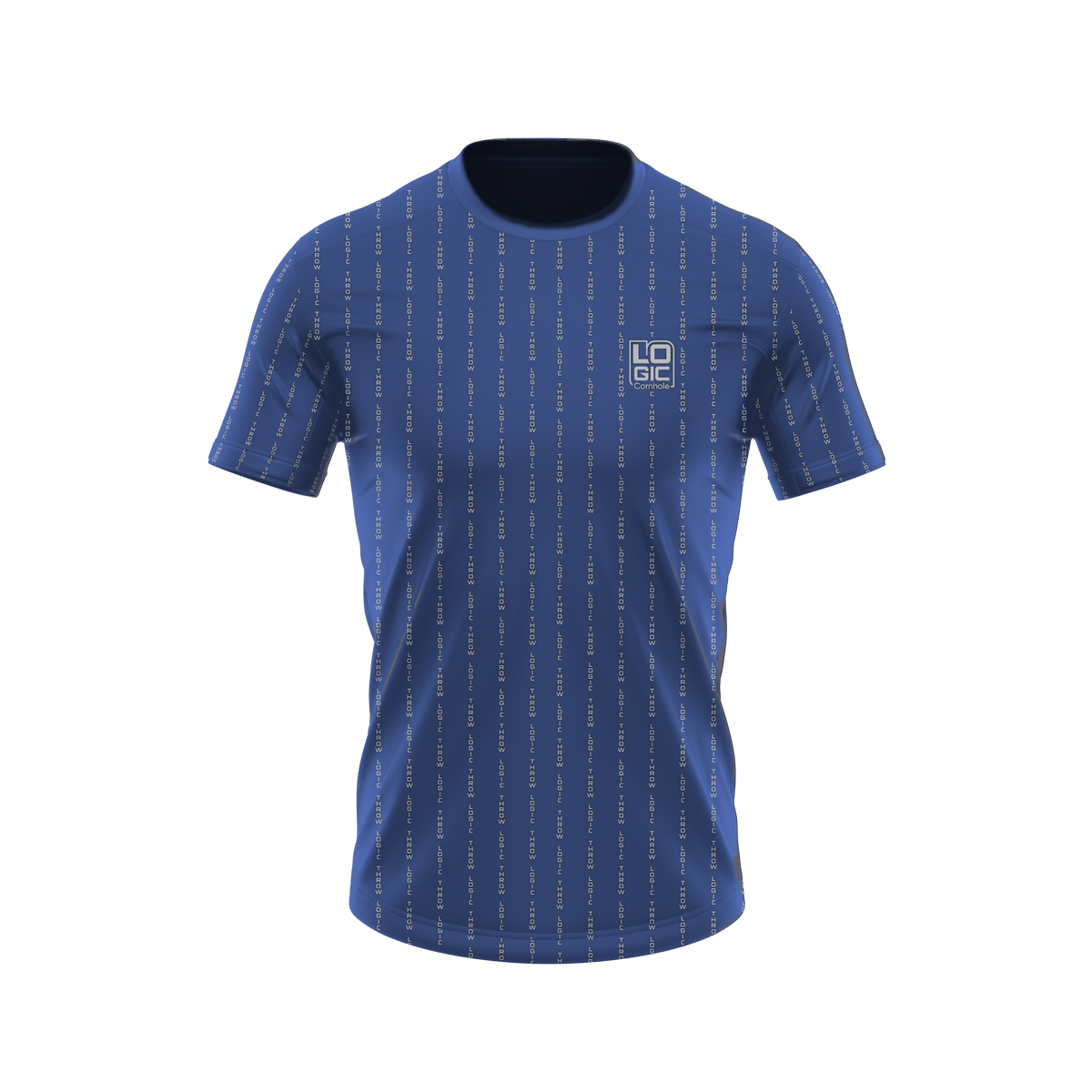 THROW LOGIC pinstripe short-sleeve shirt in navy, front product mockup recolored from original artwork