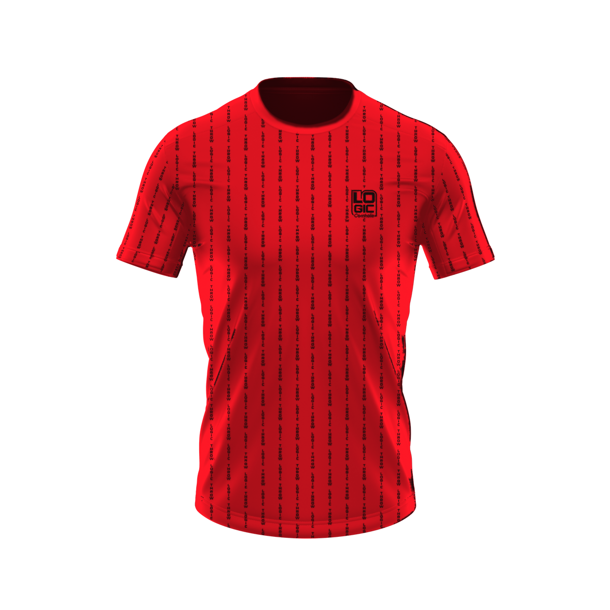 THROW LOGIC pinstripe short-sleeve shirt in red, front product mockup recolored from original artwork