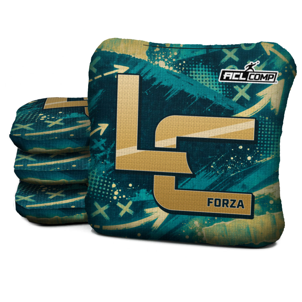 Jacksonville football cornhole bags, Forza - 6/9 - ACL COMP, Teal, Gold, Black