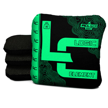 Contour BLACK GLOW element H ACL PRO cornhole bags with Onyx carpet