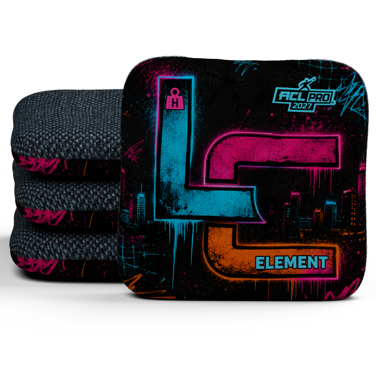 Neon After Dark Element H cornhole bags — native 3D Signature stack with Midnight dark-blue carpet and cyan ACL PRO 2027 stamp
