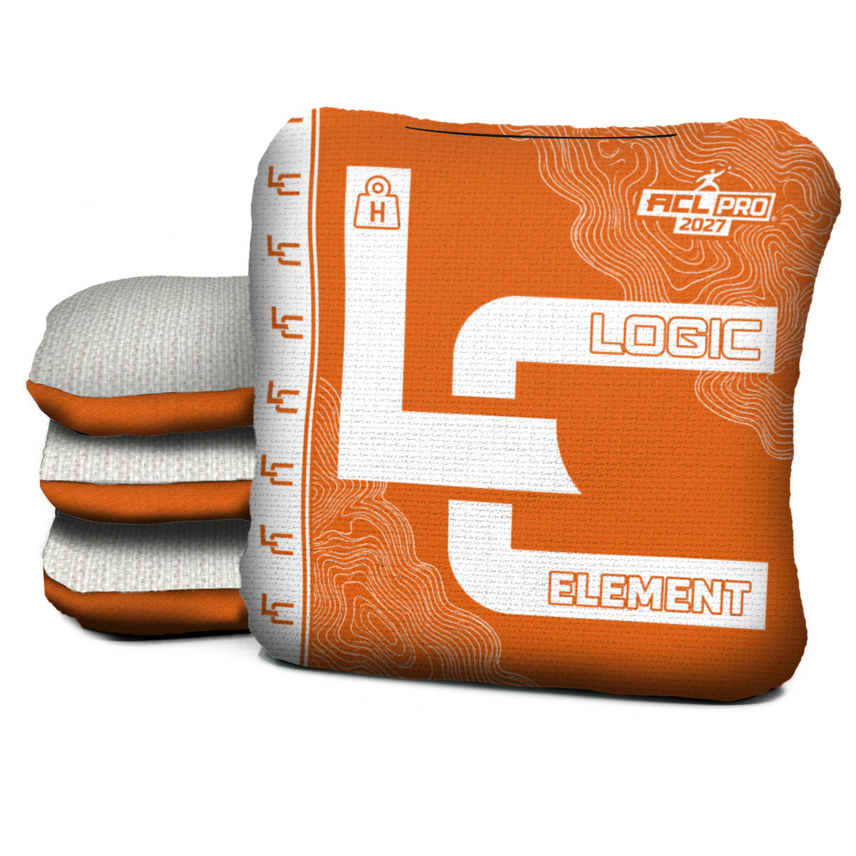 Contour Orange element H ACL PRO cornhole bags with Parchment carpet