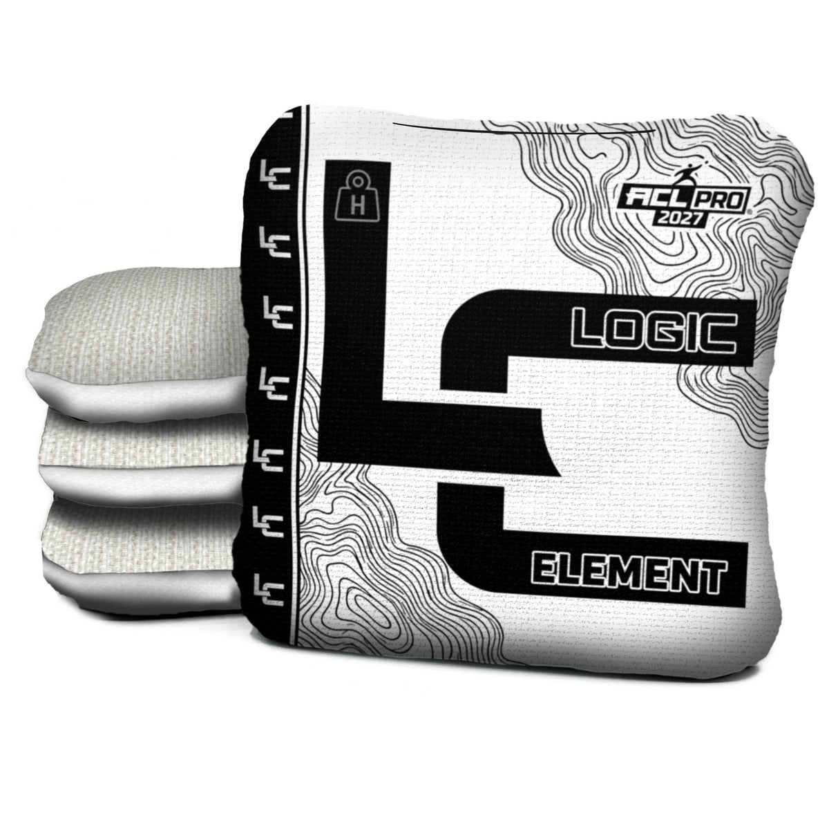 Contour WHITE BLACK element H ACL PRO cornhole bags with Parchment carpet