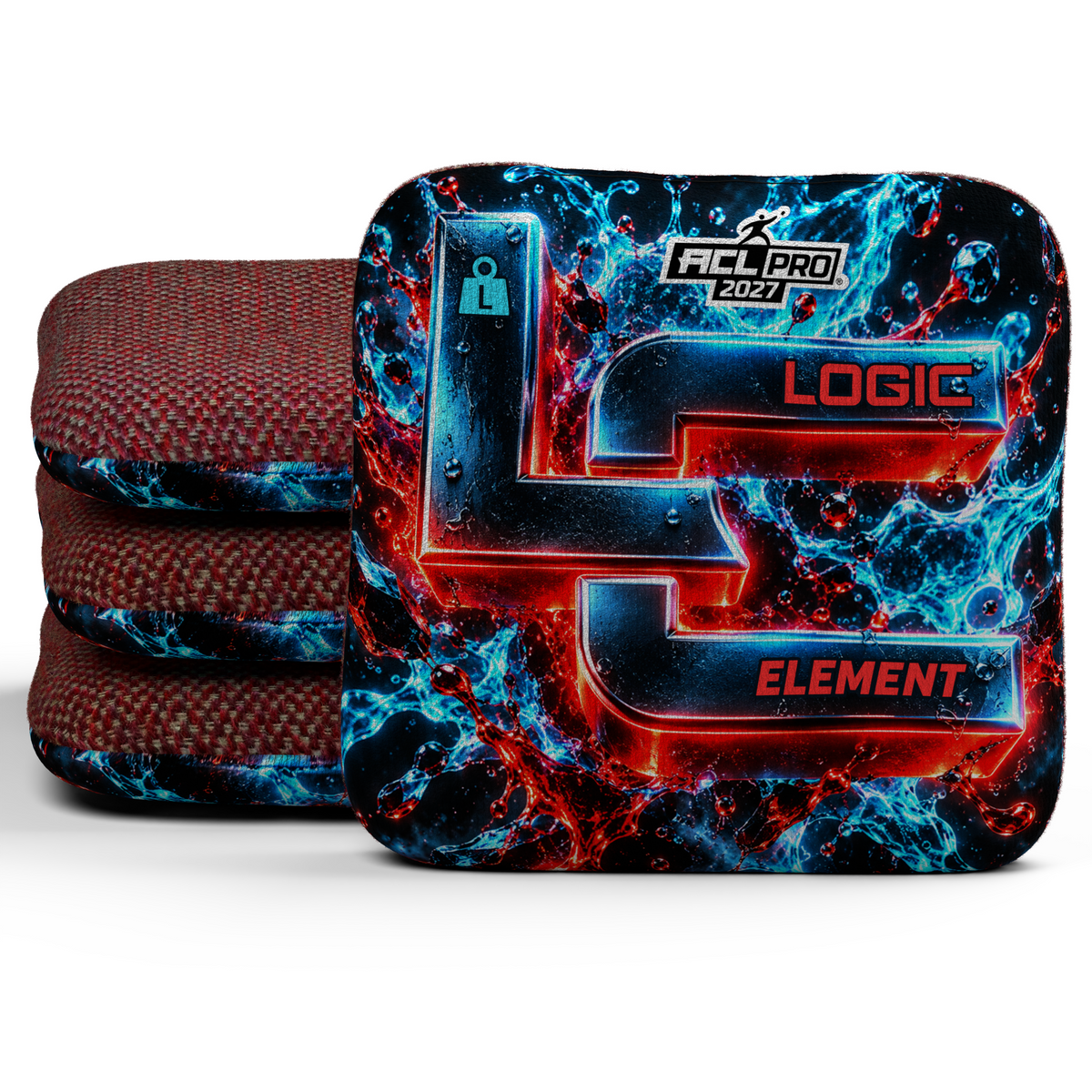 Chrome Splash Element L ACL PRO 2027 cornhole bags — Signature stack with Poppy carpet