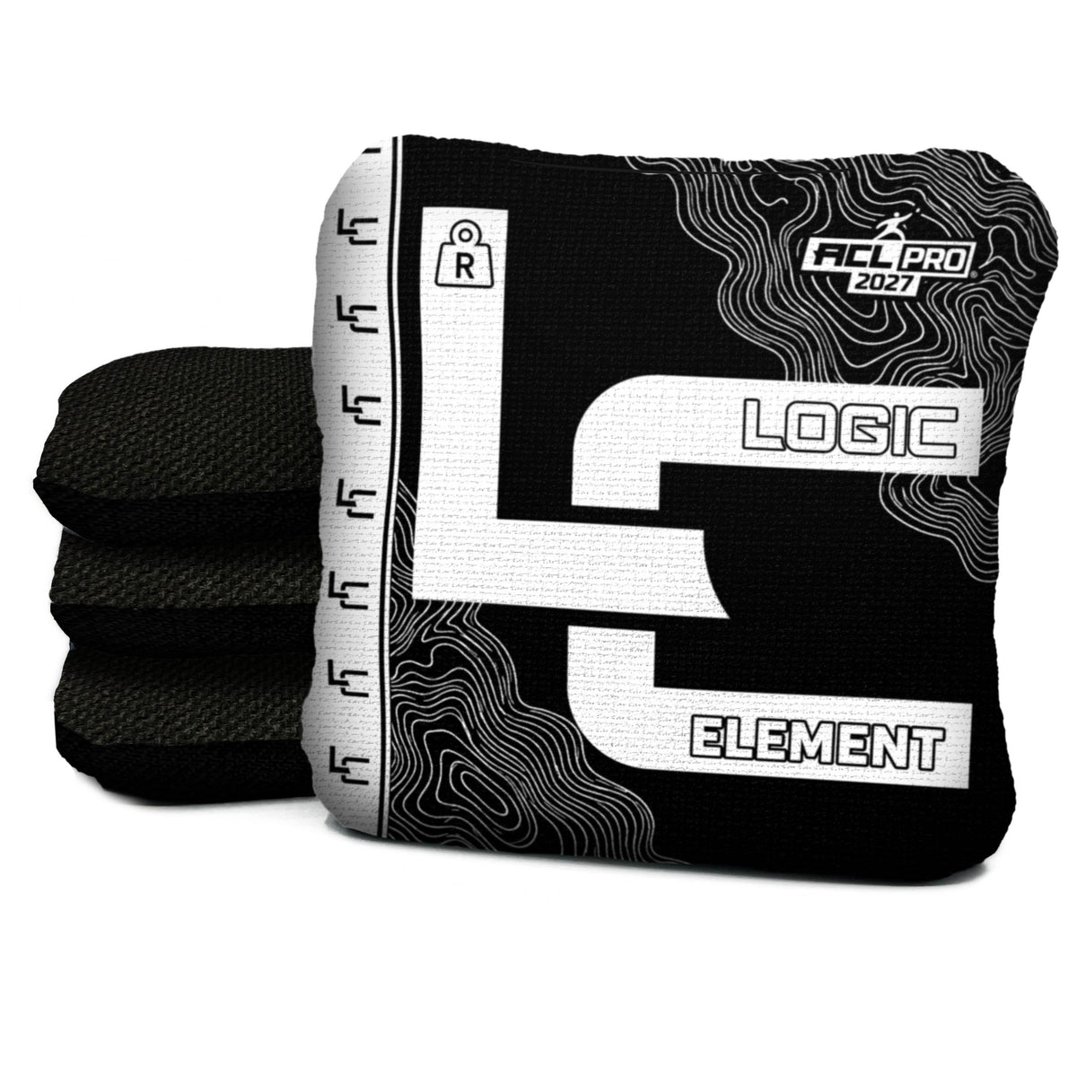 Contour BLACK WHITE element R ACL PRO cornhole bags with Onyx carpet