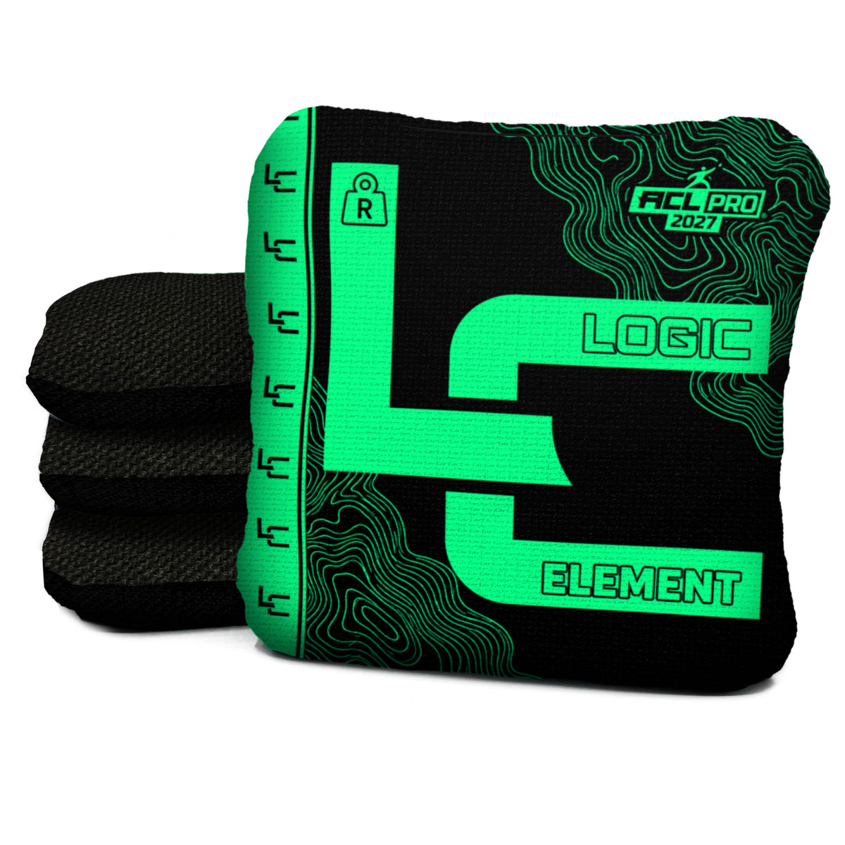 Contour BLACK GLOW element R ACL PRO cornhole bags with Onyx carpet