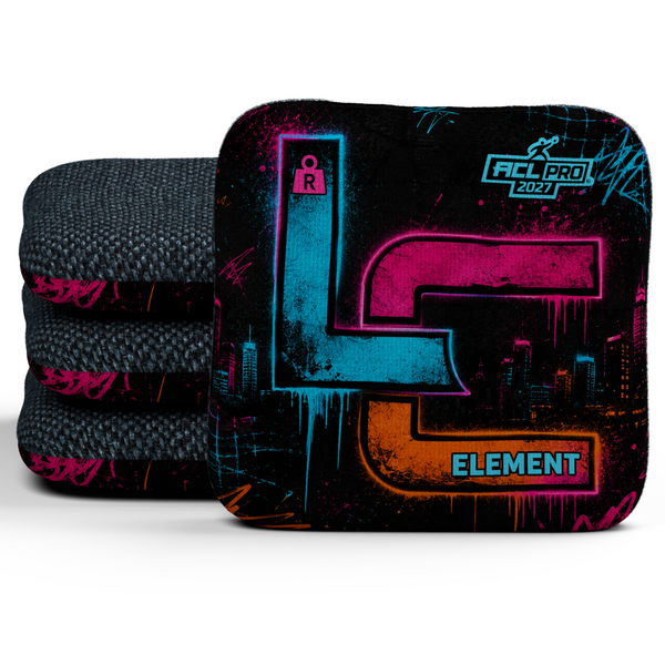 Neon After Dark Element R cornhole bags — native 3D Signature stack with Midnight dark-blue carpet and cyan ACL PRO 2027 stamp