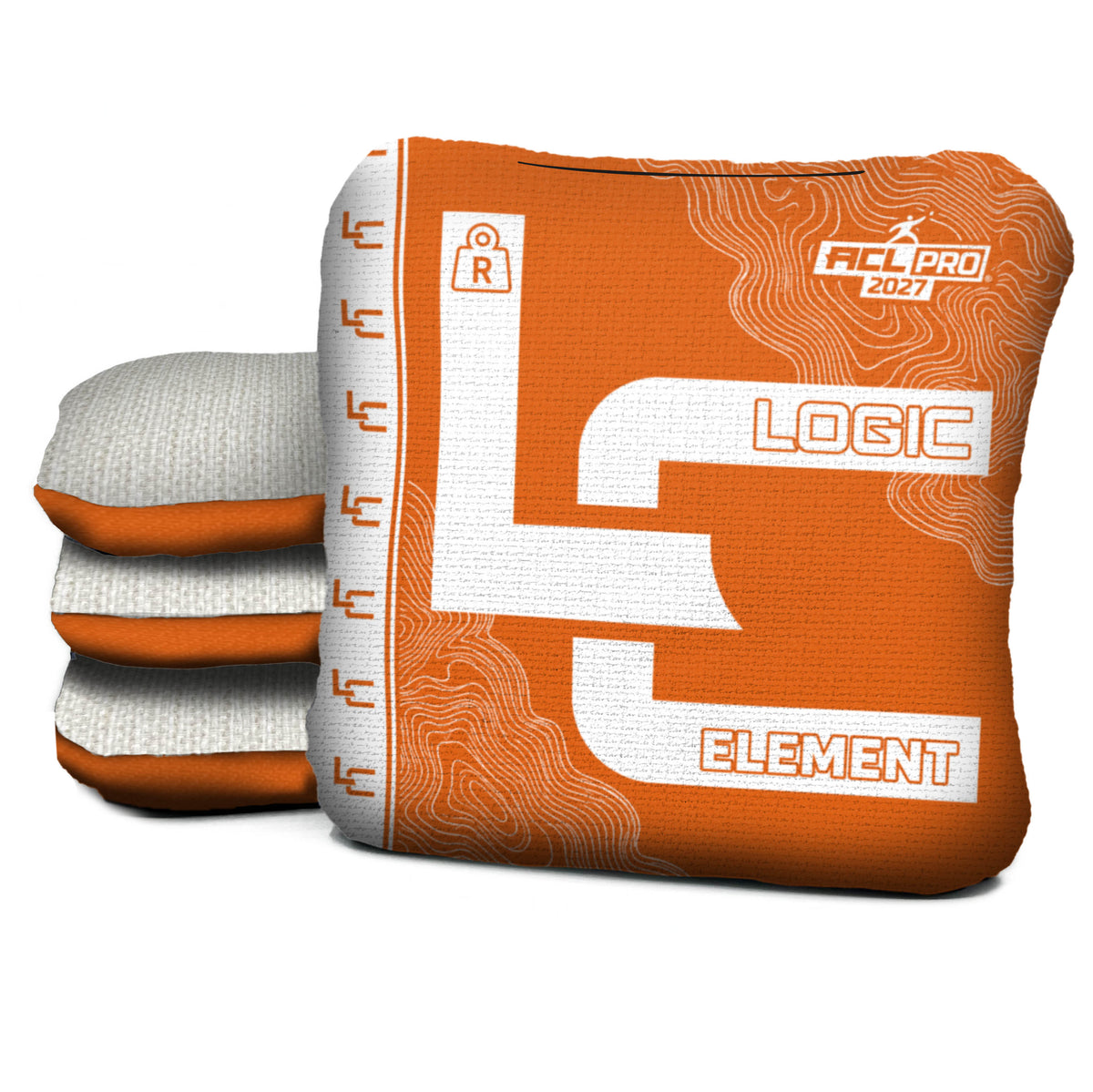 Contour Orange element R ACL PRO cornhole bags with Parchment carpet
