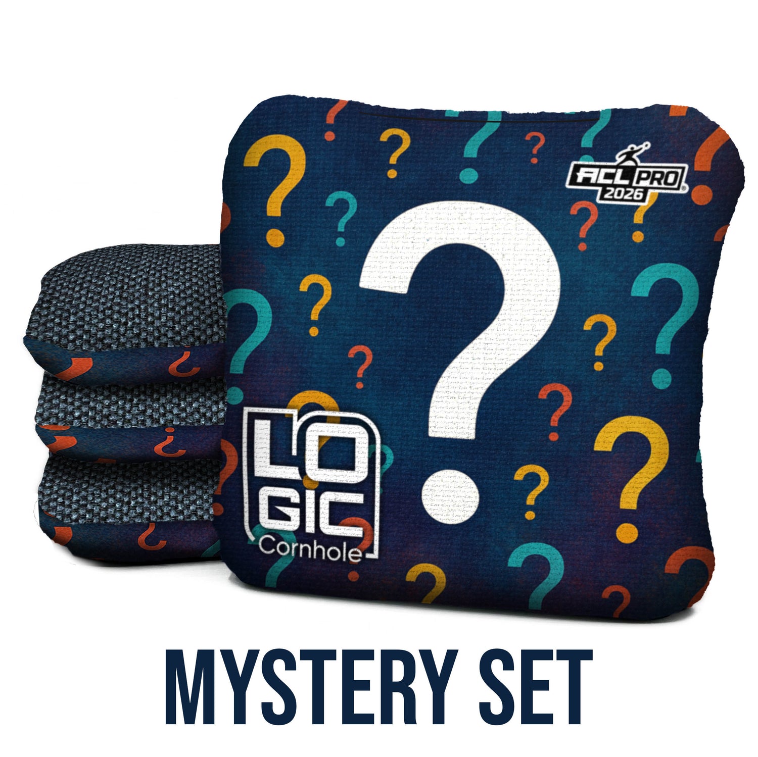 Product photo of mystery design Cornhole bags with question marks and 'Logic Cornhole' branding on a white background