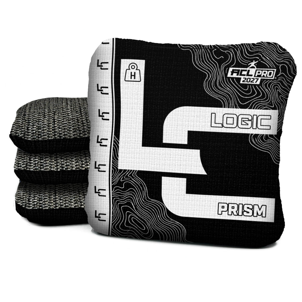 Contour BLACK WHITE prism H ACL PRO cornhole bags with Charcoal carpet
