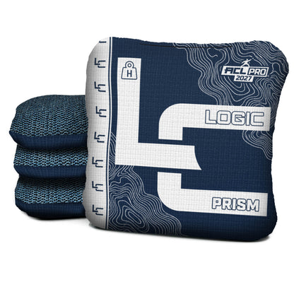 Contour MARINE WHITE prism H ACL PRO cornhole bags with dark blue carpet