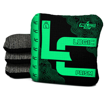 Contour BLACK GLOW prism L ACL PRO cornhole bags with Charcoal carpet