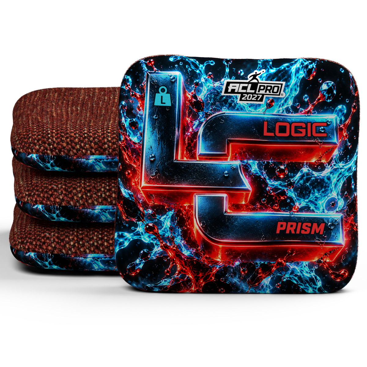 Chrome Splash Prism L ACL PRO 2027 cornhole bags — Signature stack with Red carpet
