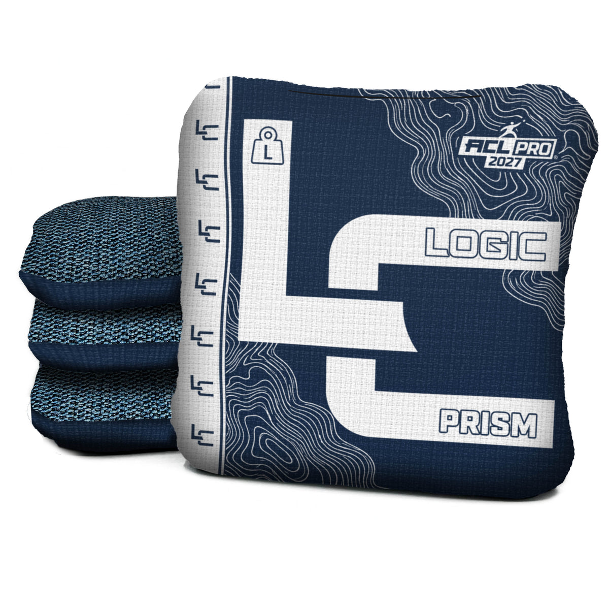 Contour MARINE WHITE prism L ACL PRO cornhole bags with dark blue carpet