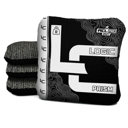 Contour BLACK WHITE prism R ACL PRO cornhole bags with Charcoal carpet