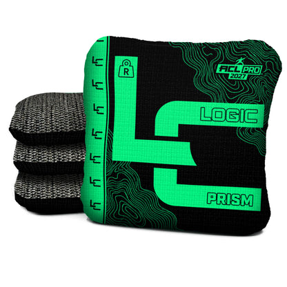 Contour BLACK GLOW prism R ACL PRO cornhole bags with Charcoal carpet