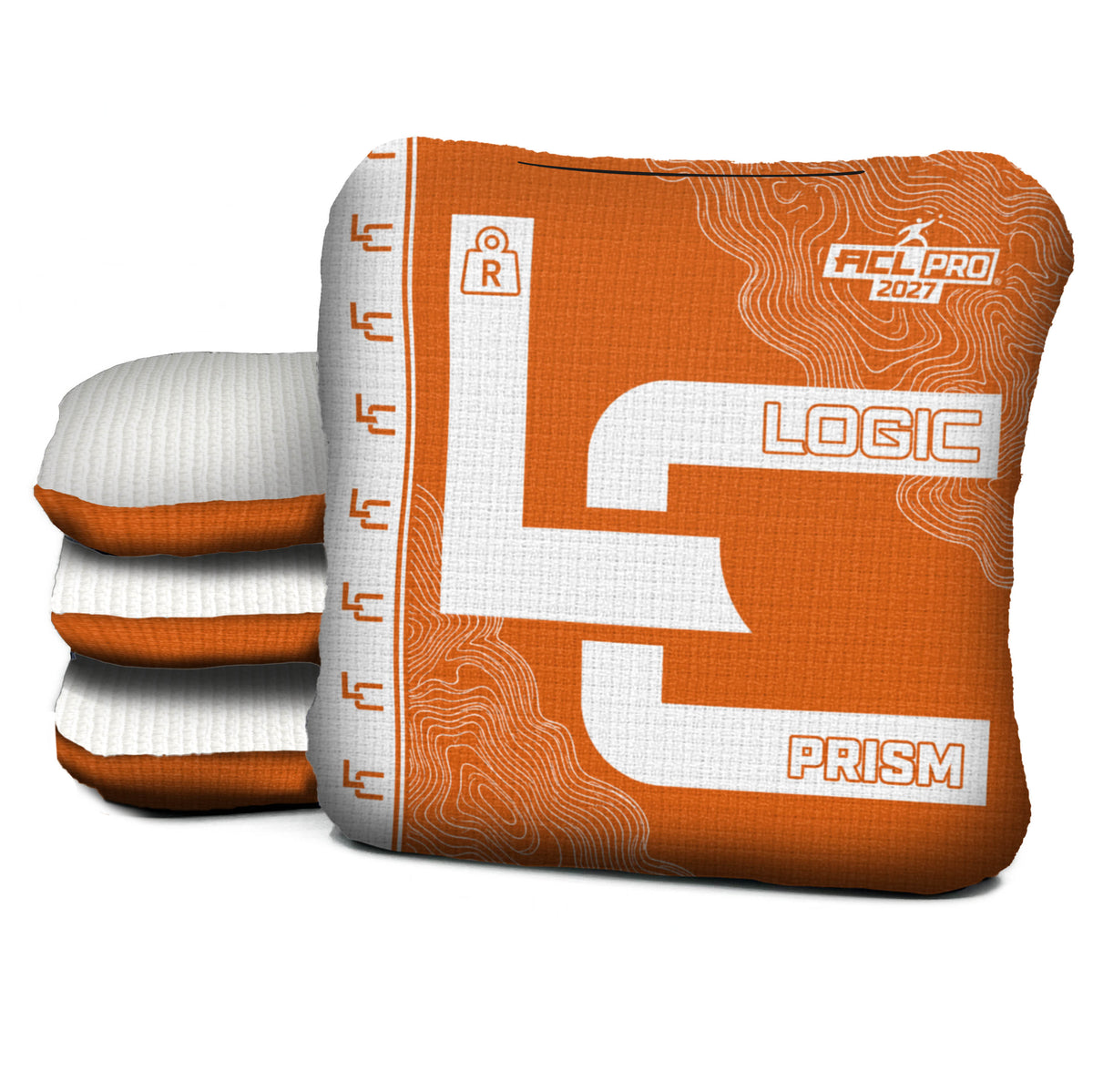 Contour Orange prism R ACL PRO cornhole bags with White carpet