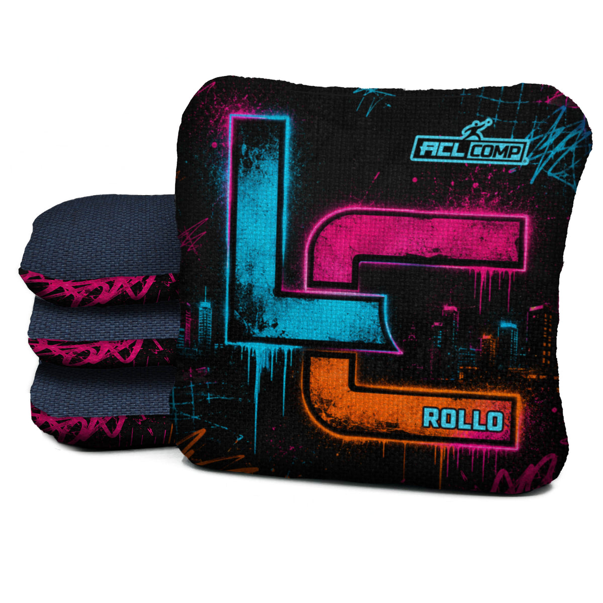 Neon After Dark Rollo cornhole bags — native Photoshop stack with Denim carpet and cyan ACL COMP stamp
