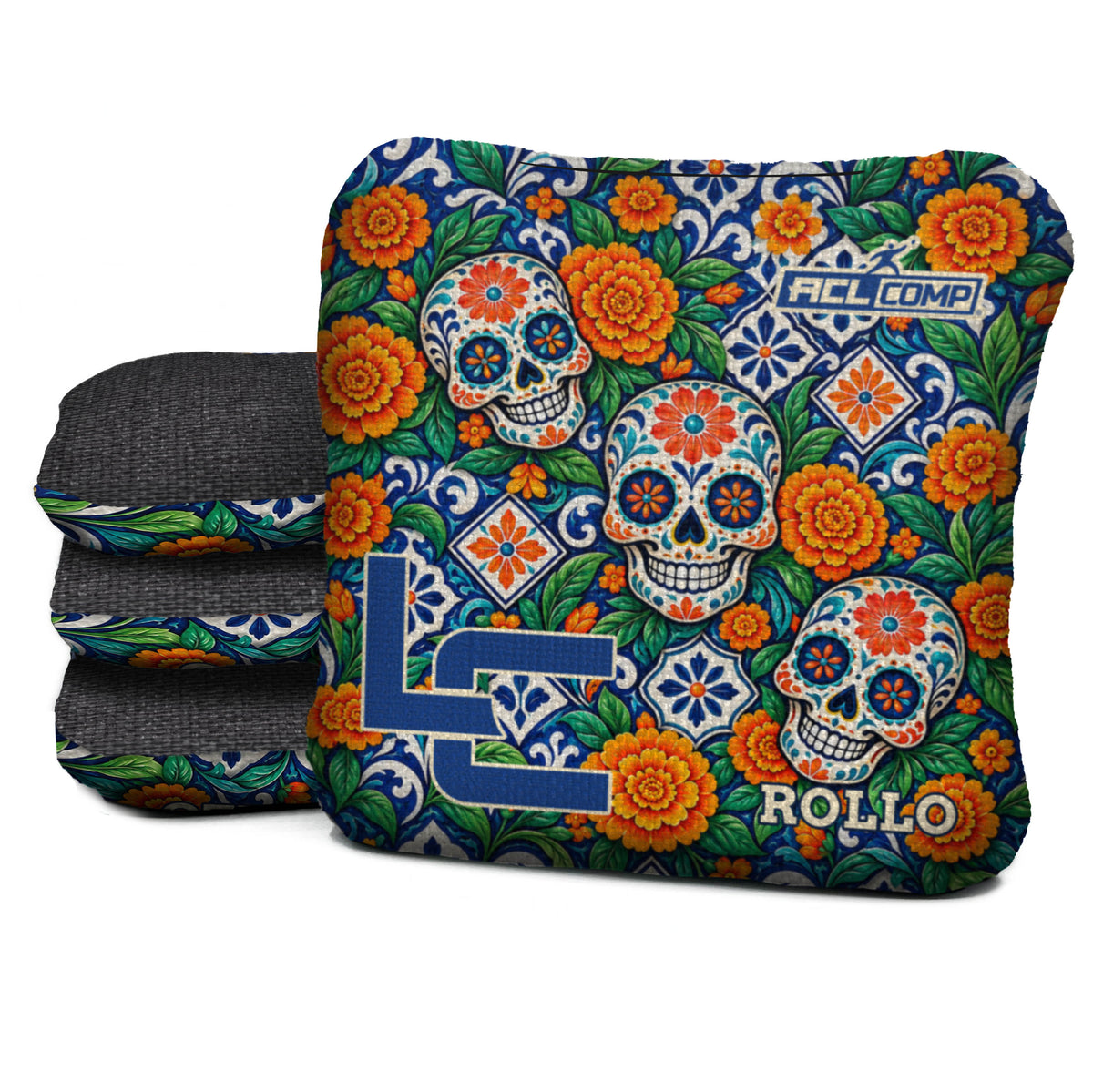 Calavera Marigold Mosaic cornhole bags — Rollo - 4/7 - ACL COMP
