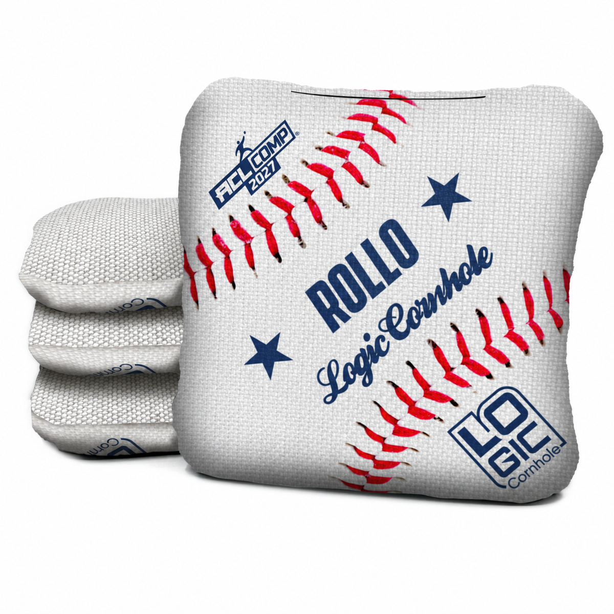 Illustrative mockup — Baseball Rollo, white carpet, dated ACL COMP 2027 stamp, set of four