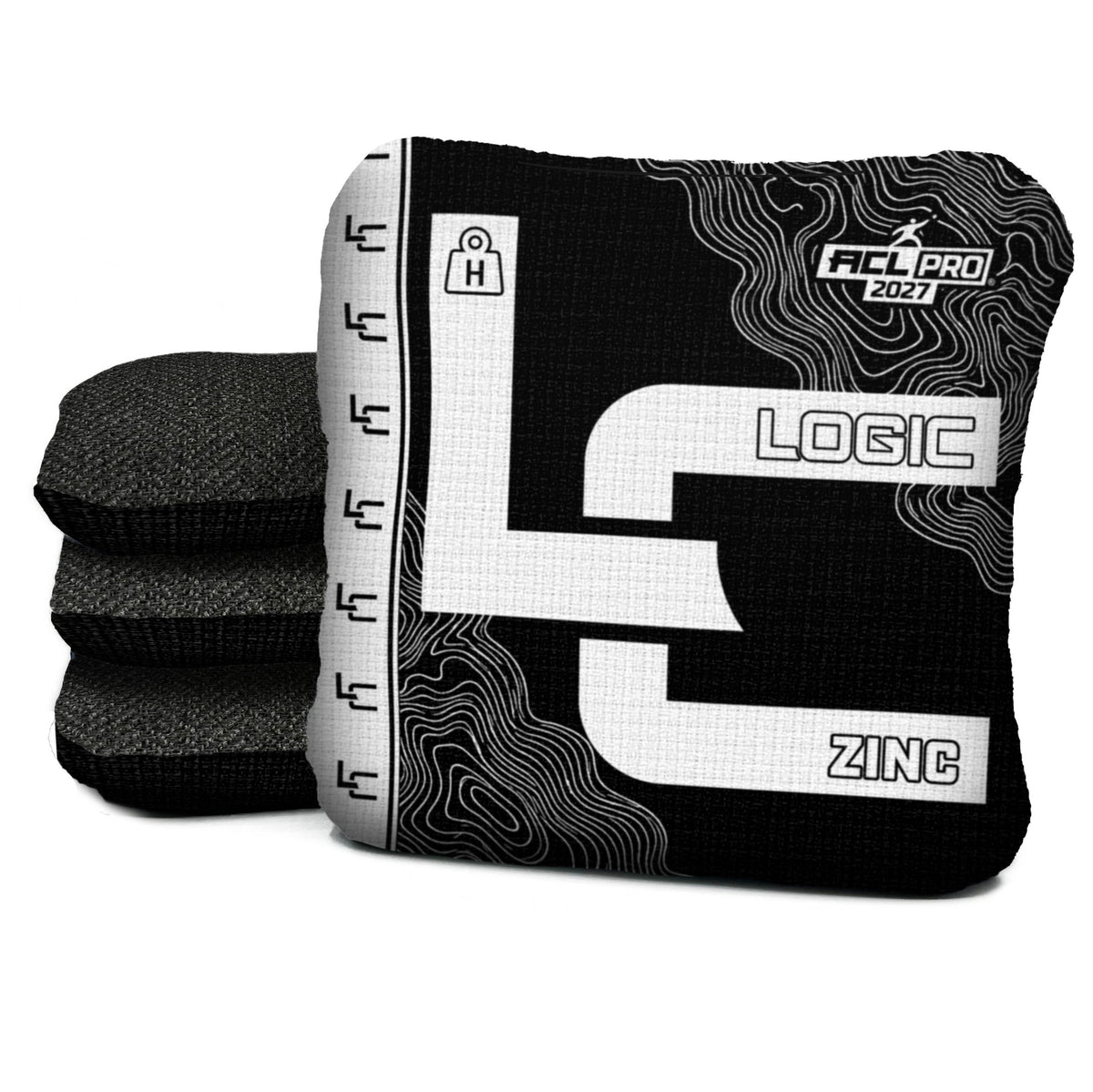 Contour BLACK WHITE zinc H ACL PRO cornhole bags with Black carpet