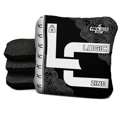 Contour BLACK WHITE zinc H ACL PRO cornhole bags with Black carpet