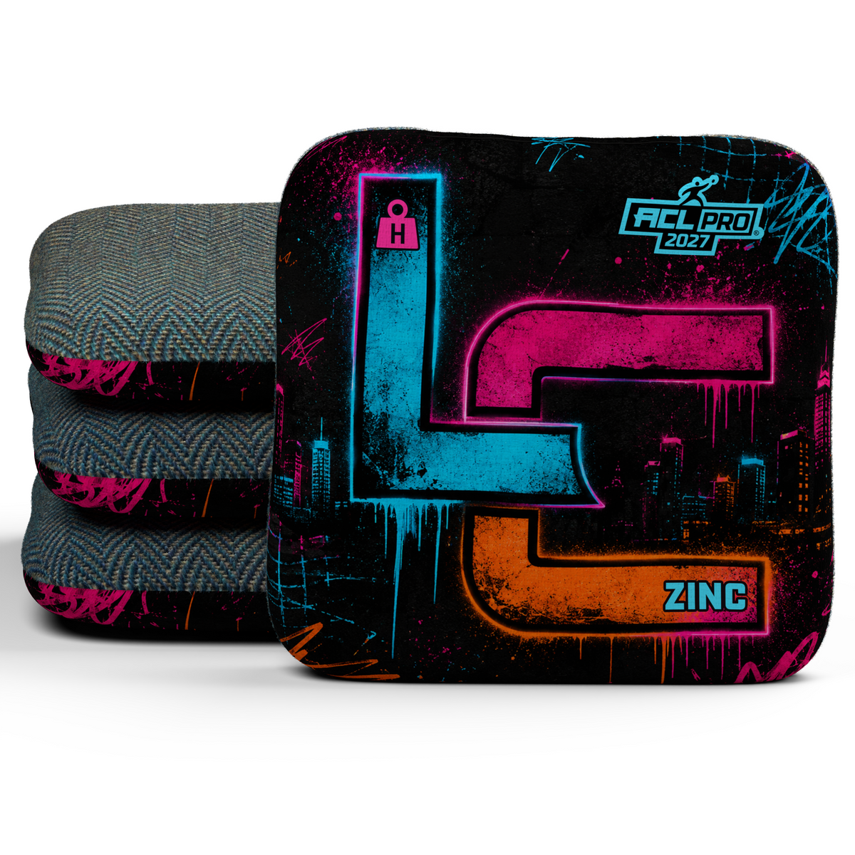 Neon After Dark Zinc H cornhole bags — native 3D Signature stack with Shadow carpet and cyan ACL PRO 2027 stamp