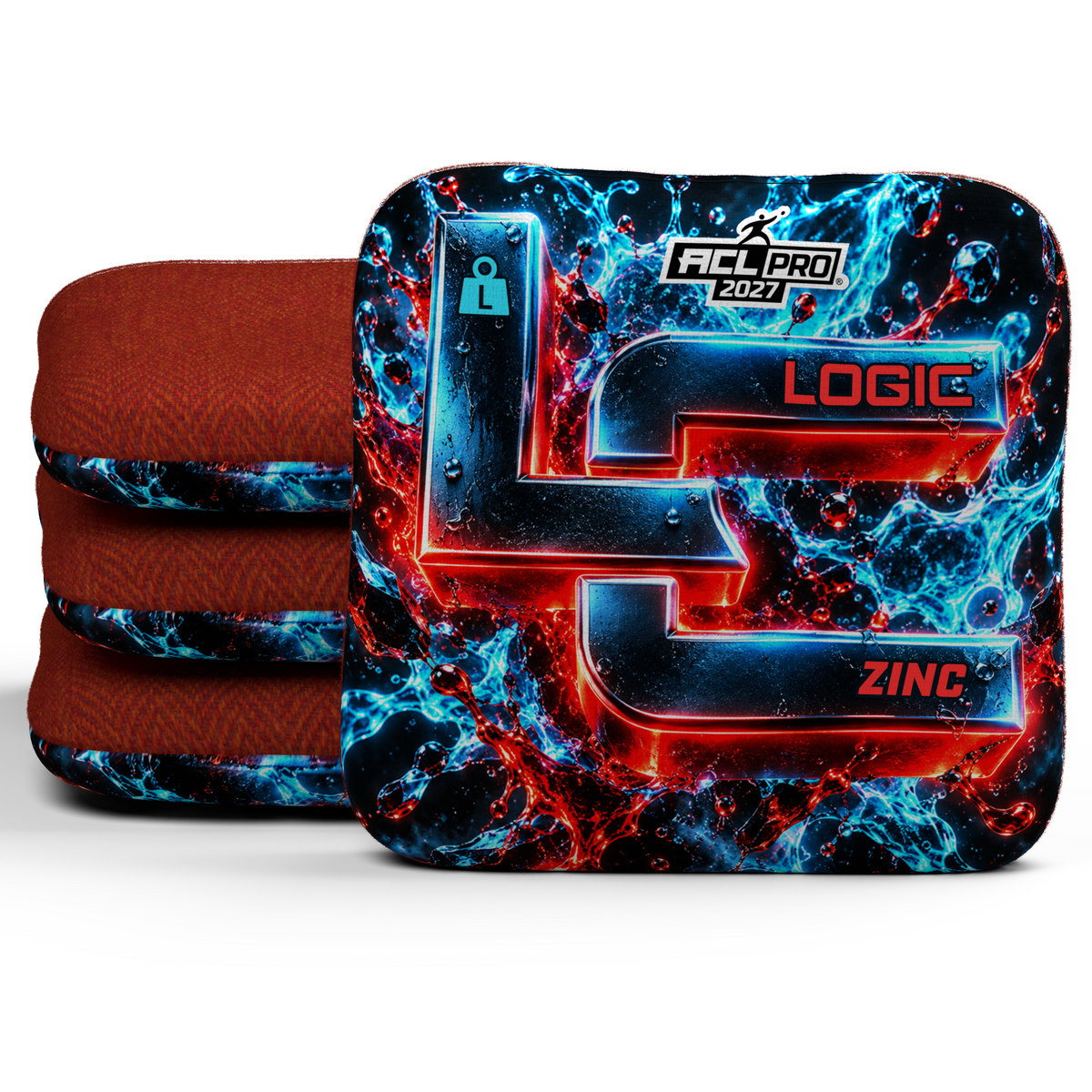 Chrome Splash Zinc L ACL PRO 2027 cornhole bags — Signature stack with Red carpet