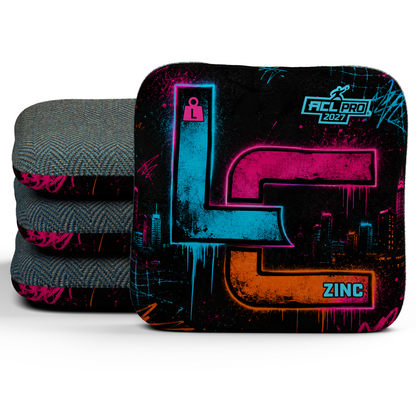 Neon After Dark Zinc L cornhole bags — native 3D Signature stack with Shadow carpet and cyan ACL PRO 2027 stamp