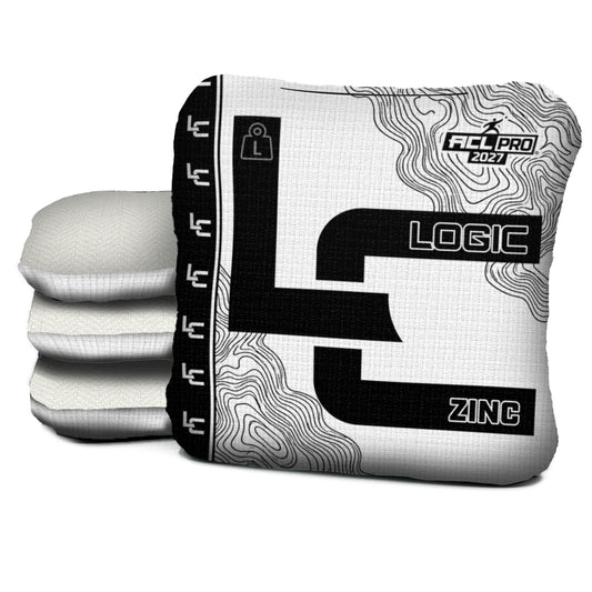 Contour WHITE BLACK zinc L ACL PRO cornhole bags with White carpet