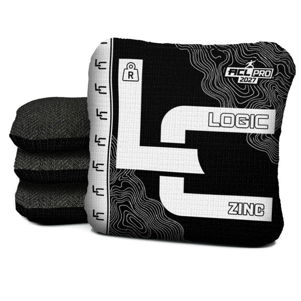 Contour BLACK WHITE zinc R ACL PRO cornhole bags with Black carpet