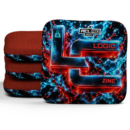 Chrome Splash Zinc R ACL PRO 2027 cornhole bags — Signature stack with Red carpet