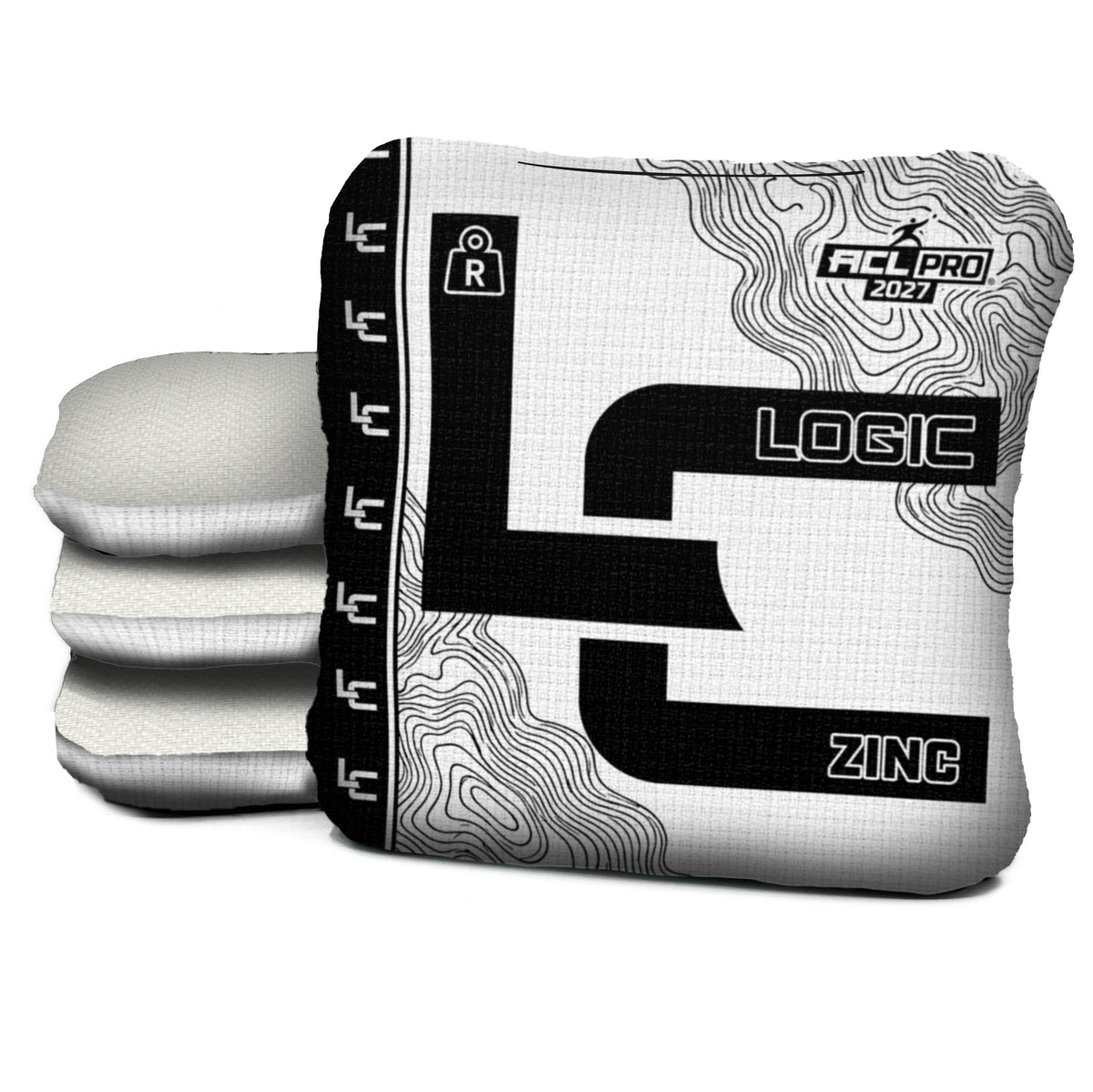 Contour WHITE BLACK zinc R ACL PRO cornhole bags with White carpet