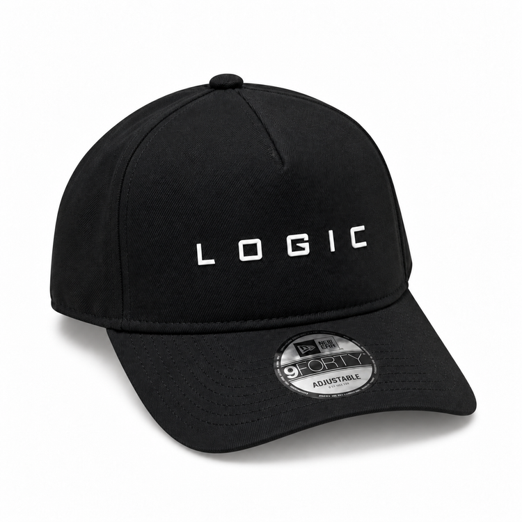 Product mockup of a black New Era 9FORTY A-Frame hat with a white 3D silicone LOGIC logo