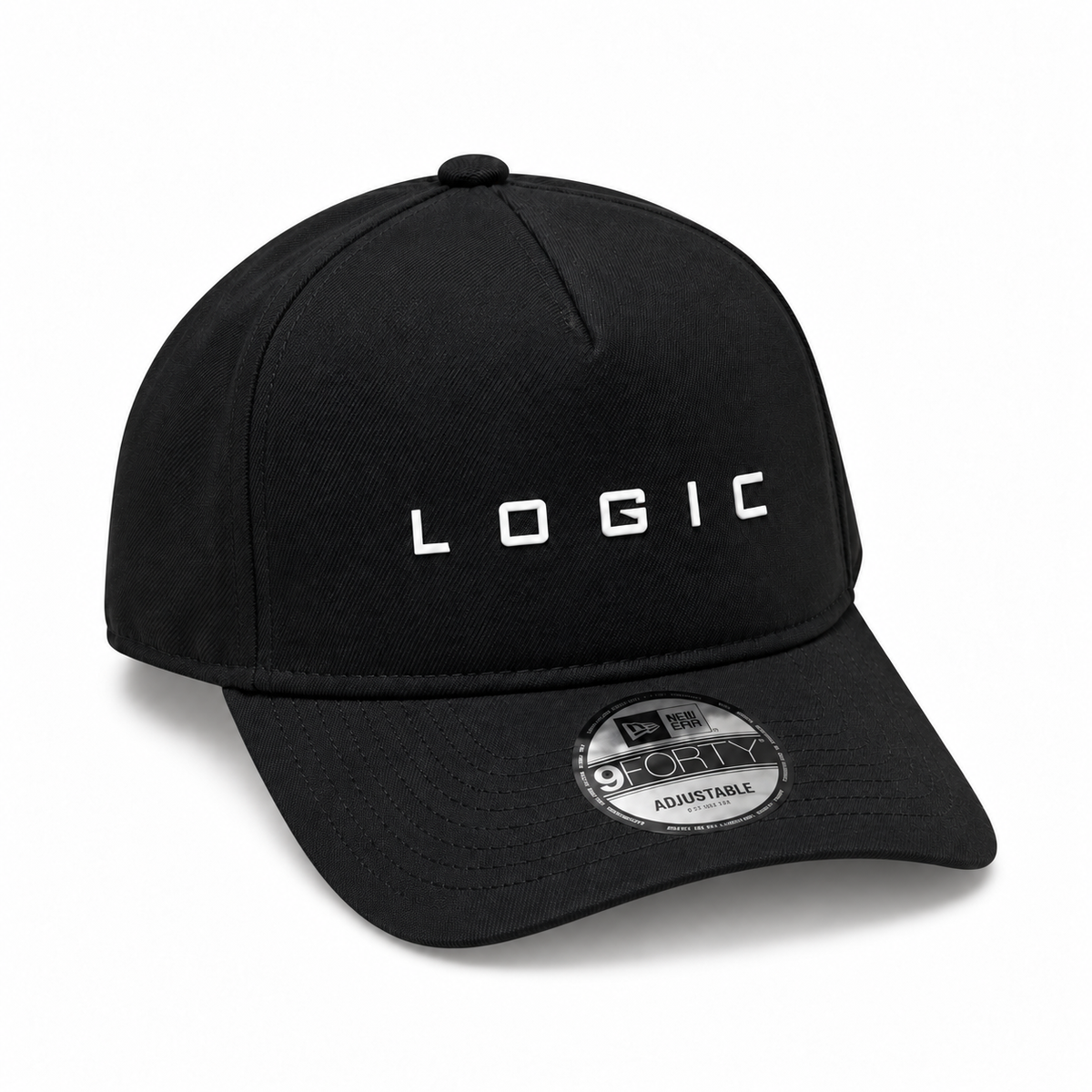 Product mockup of a black New Era 9FORTY A-Frame hat with a white 3D silicone LOGIC logo