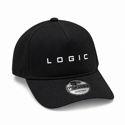 Product mockup of a black New Era 9FORTY A-Frame hat with a white 3D silicone LOGIC logo