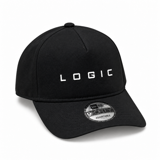 Product mockup of a black New Era 9FORTY A-Frame hat with a white 3D silicone LOGIC logo