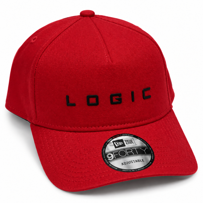Product mockup of a red New Era 9FORTY A-Frame hat with a black 3D silicone LOGIC logo