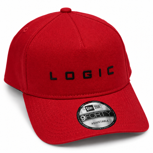 Product mockup of a red New Era 9FORTY A-Frame hat with a black 3D silicone LOGIC logo
