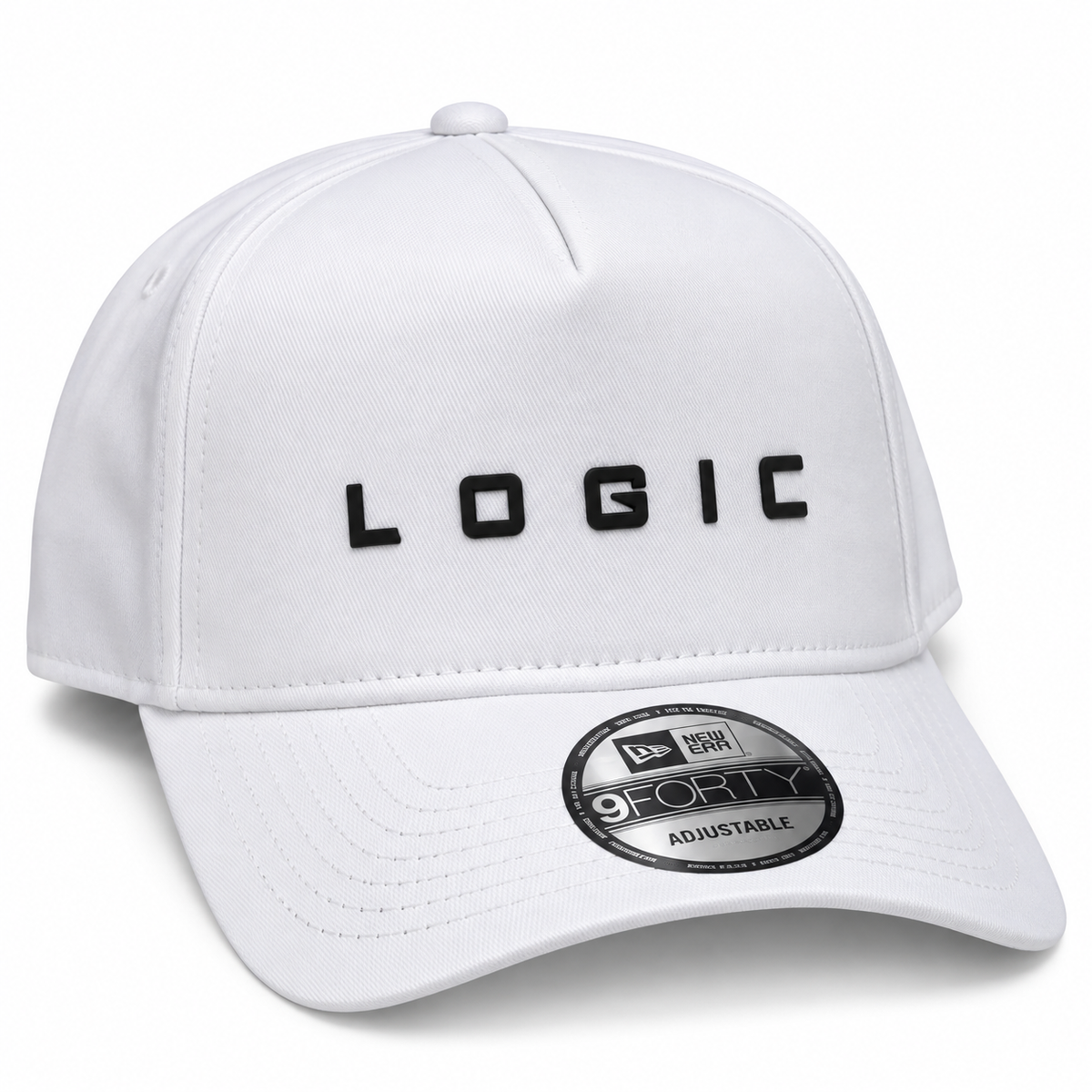 Product mockup of a white New Era 9FORTY A-Frame hat with a black 3D silicone LOGIC logo