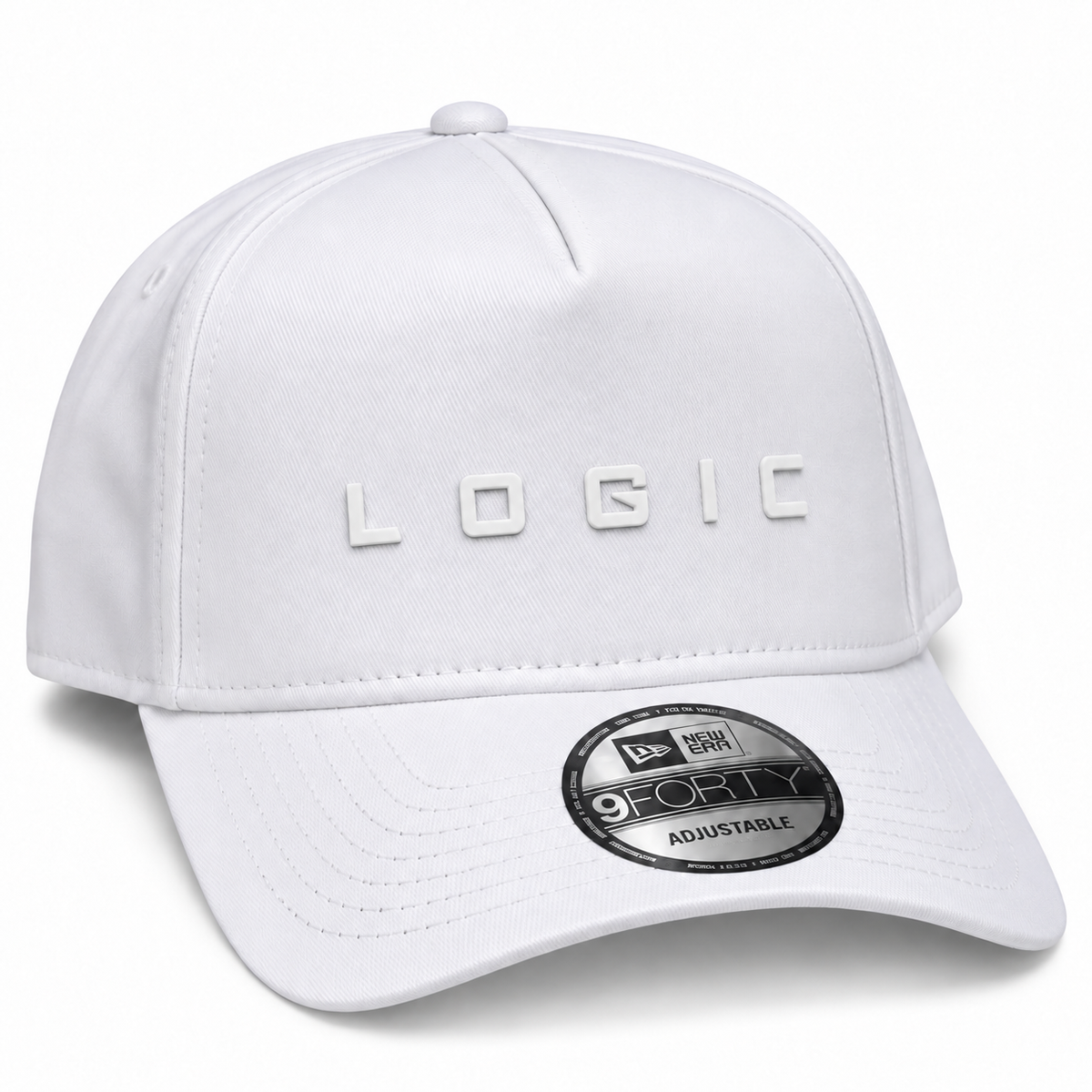 Product mockup of a white New Era 9FORTY A-Frame hat with a tonal white 3D silicone LOGIC logo