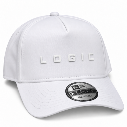 Product mockup of a white New Era 9FORTY A-Frame hat with a tonal white 3D silicone LOGIC logo