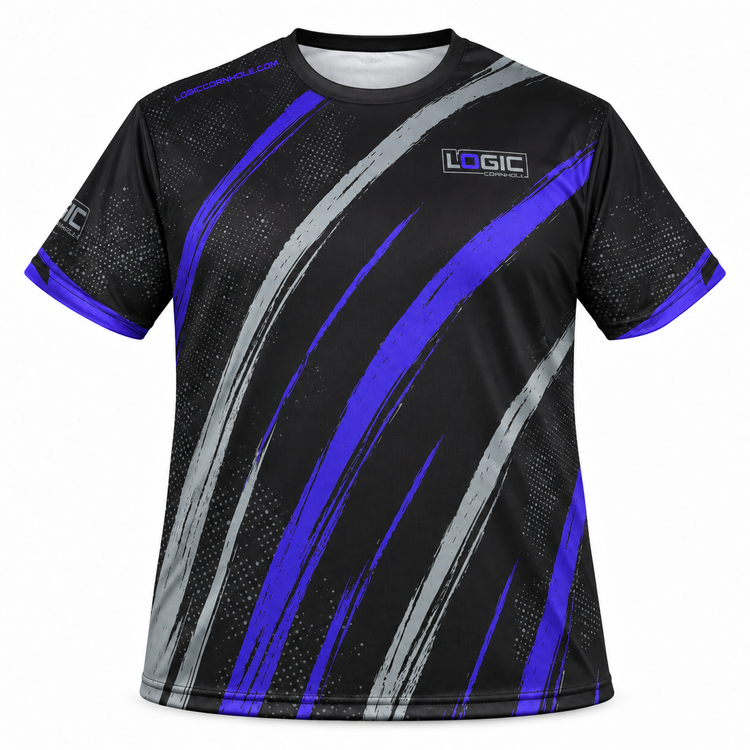 Logic Circular Brush purple short-sleeve jersey, front product mockup with refined torso proportions