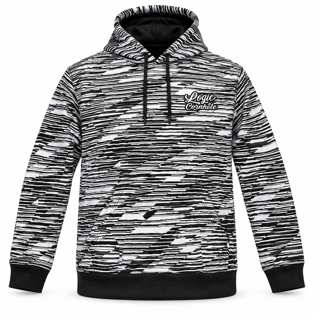 Logic Digi Drip black and white pullover hoodie, front product mockup