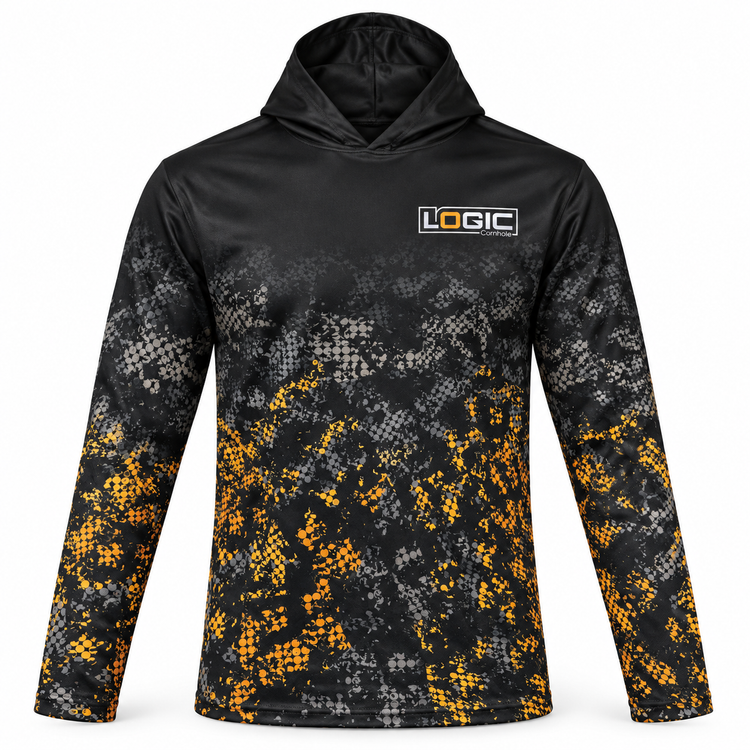 Logic black and gold long-sleeve hooded shirt, front product mockup