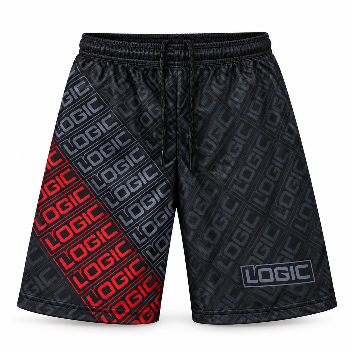 Logic Stacked youth shorts in black, gray and red, front product mockup