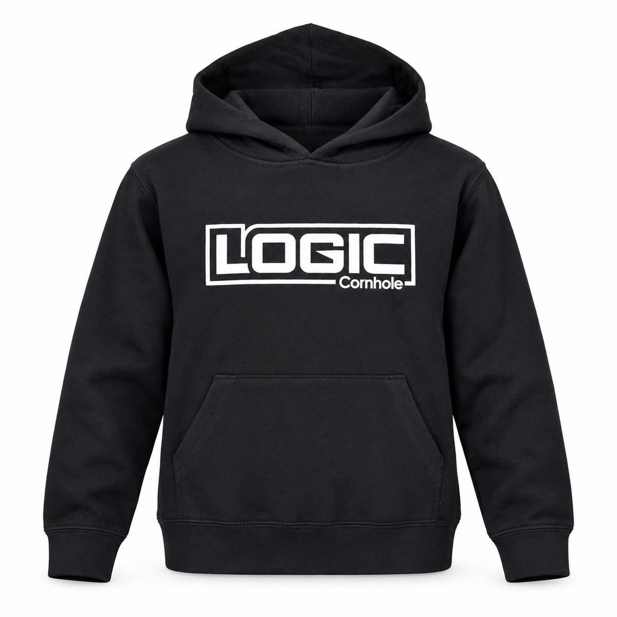 Logic Cornhole youth black pullover hoodie, front product mockup